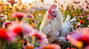 Cute, beautiful chicken in a field with flowers in nature, in the sun& x27;s rays.