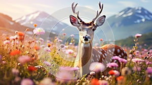 Cute, beautiful deer in a field with flowers in nature, in sunny pink rays.
