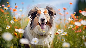 Cute, beautiful dog in a field with flowers in nature, in sunny pink rays.