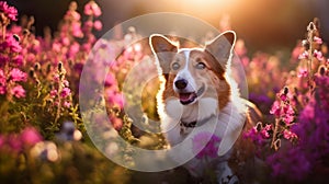 Cute, beautiful dog in a field with flowers in nature, in sunny pink rays.