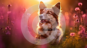 Cute, beautiful dog in a field with flowers in nature, in sunny pink rays.