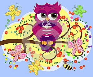 Cute beautiful flirtatious red owl on a branch with a cup of steaming coffee, tea or chocolate