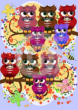 Cute beautiful flirtatious red owl on a branch with a cup of steaming coffee, tea or chocolate