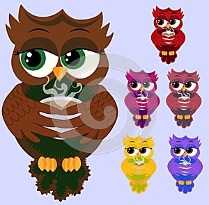 Cute beautiful flirtatious red owl on a branch with a cup of steaming coffee, tea or chocolate