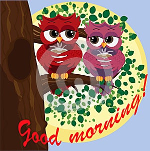 Cute beautiful flirtatious red owl on a branch with a cup of steaming coffee, tea or chocolate