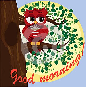 Cute beautiful flirtatious red owl on a branch with a cup of steaming coffee, tea or chocolate