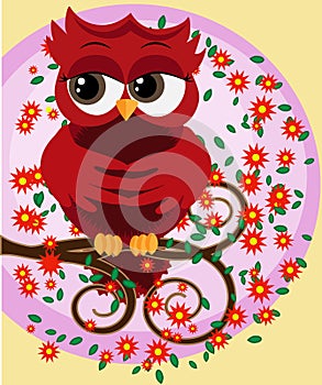 Cute beautiful flirtatious red owl on a branch with a cup of steaming coffee, tea or chocolate