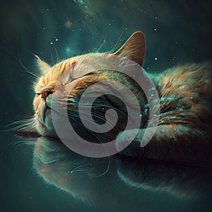 cute beautiful ginger cat sleeping peacefully on a reflective floor, generative ai