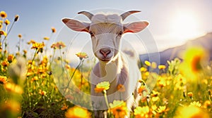 Cute, beautiful goat in a field with flowers in nature, in sunny pink rays.