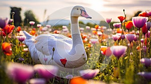 Cute, beautiful goose in a field with flowers in nature, in sunny pink rays.
