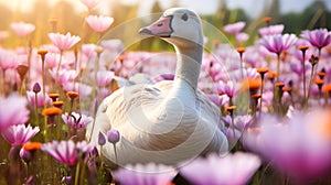 Cute, beautiful goose in a field with flowers in nature, in sunny pink rays.