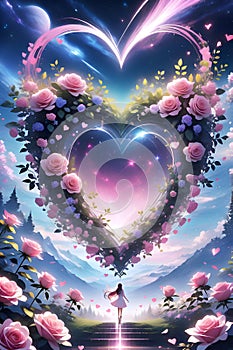A cute and beautiful heart in the sky, made of pink rose  flower with cosmic galaxy, love scene, romantic athmosphere, anime art