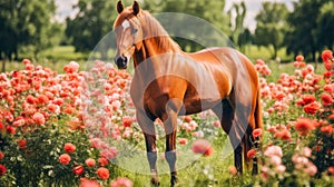 Cute, beautiful horse in a field with flowers in nature, in the sun& x27;s rays.