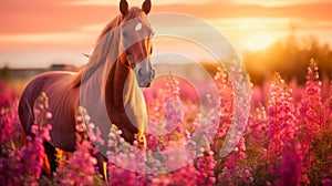 Cute, beautiful horse in a field with flowers in nature, in the sun& x27;s rays.