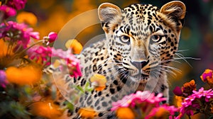 Cute, beautiful leopard in a field with flowers in nature, in sunny pink rays.