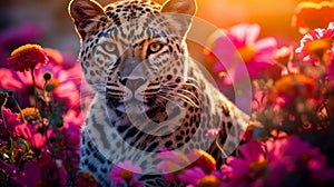 Cute, beautiful leopard in a field with flowers in nature, in sunny pink rays.