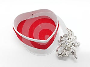 Cute Beautiful Lovely Red Heart Shaped Jewelry Container with Silver Shiny Artistic Stylish Bros in White Isolated Background 08