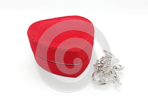 Cute Beautiful Lovely Red Heart Shaped Jewelry Container with Silver Shiny Artistic Stylish Bros in White Isolated Background 09