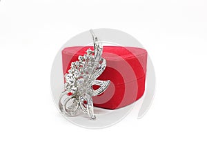 Cute Beautiful Lovely Red Heart Shaped Jewelry Container with Silver Shiny Artistic Stylish Bros in White Isolated Background 13