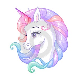 Beautiful white unicorn with pink horn and colorful mane. Isolated vector illustration.