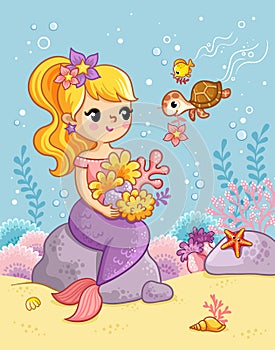 Cute beautiful mermaid sits on a stone under water and plays with a turtle among shells and seaweed photo