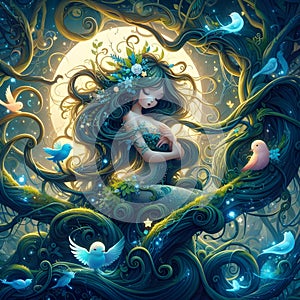 A cute beautiful nature godess, entangled with vines.