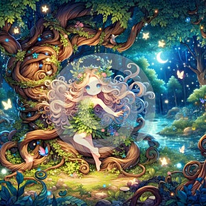 A cute beautiful nature godess, entangled with vines.