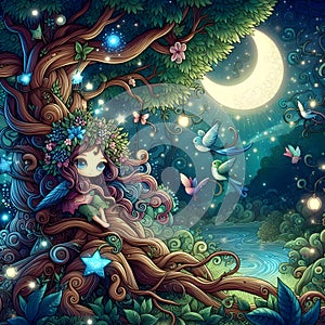 A cute beautiful nature godess, entangled with vines.