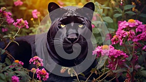 Cute, beautiful panther in a field with flowers in nature, in sunny pink rays.