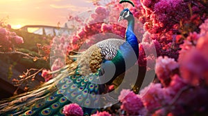 Cute, beautiful peacock in a field with flowers in nature, in sunny pink rays.
