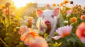 Cute, beautiful pig in a field with flowers in nature, in sunny pink rays.