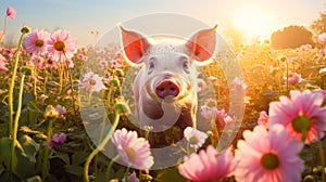 Cute, beautiful pig in a field with flowers in nature, in sunny pink rays.