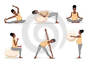 Cute beautiful pregnant woman is doing exercises with a fitbal