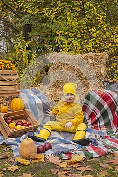 Cute beautiful prescholer boy in an orange pants, raincoat, hat, rubber boots near photo zone of autumn decorations - pumpkins,