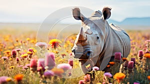 Cute, beautiful rhinoceros in a field with flowers in nature, in sunny pink rays.