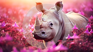 Cute, beautiful rhinoceros in a field with flowers in nature, in sunny pink rays.