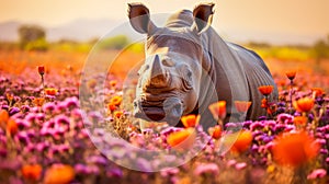 Cute, beautiful rhinoceros in a field with flowers in nature, in sunny pink rays.