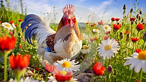 Cute, beautiful rooster in a field with flowers in nature, in the sun& x27;s rays.