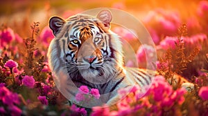 Cute, beautiful tiger in a field with flowers in nature, in sunny pink rays.