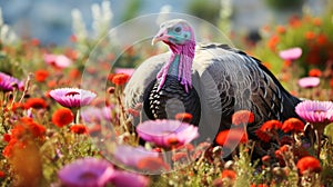 Cute, beautiful turkey in a field with flowers in nature, in the sun& x27;s rays.