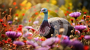 Cute, beautiful turkey in a field with flowers in nature, in the sun& x27;s rays.