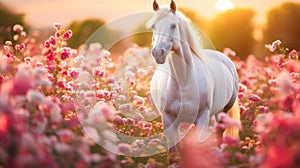 Cute, beautiful white horse in a field with flowers in nature, in sunny pink rays.