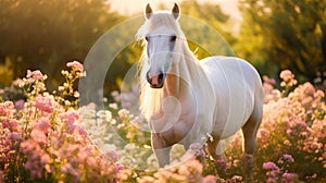 Cute, beautiful white horse in a field with flowers in nature, in sunny pink rays.