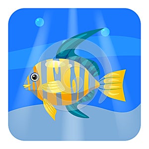 Cute beautiful yellow tropical fish, on sea background, ocean, vector, isolated, cartoon style