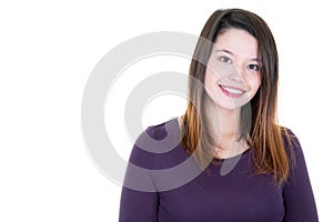 Cute beautiful young woman white teeths isolated on white background and copy space