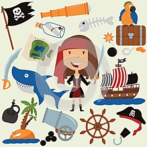 Cute beauty pirate girl and various objects.