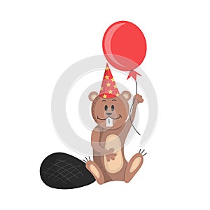 Cute beaver with a balloon and a cap on his head, animal birthday