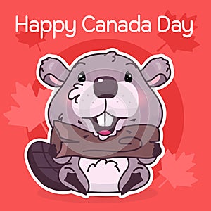 Cute beaver canadian symbol kawaii character social media post mockup. Happy Canada day typography. Poster, card template with