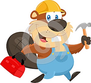 Cute Beaver Cartoon Character Construction Worker Running Tool Box And Hammer
