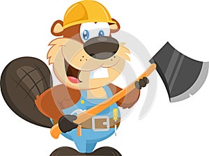 Cute Beaver Cartoon Character Wearing A Helmet Holding An Axe